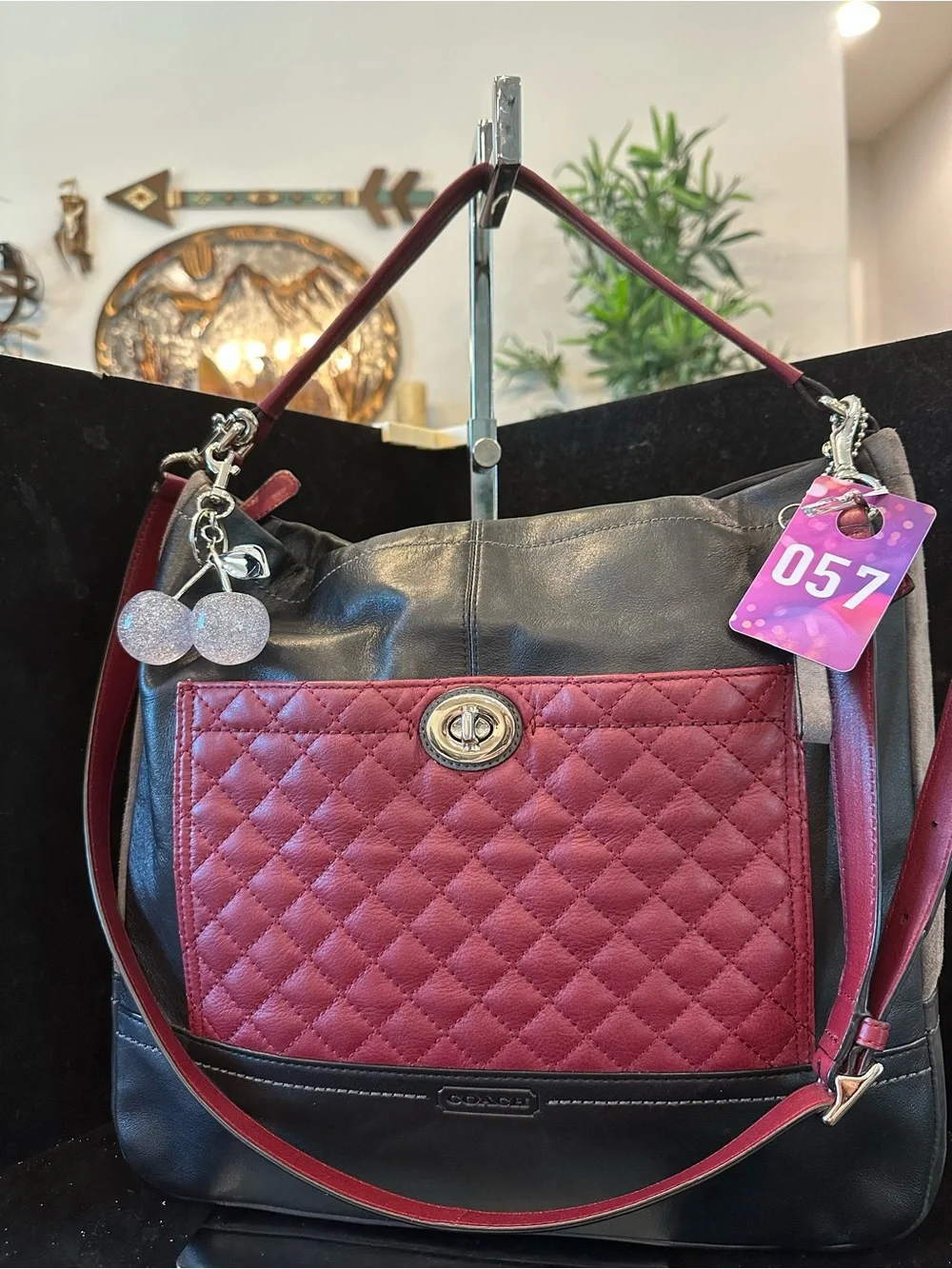 Coach#057 Park Quilted Leather & Suede Gray Black & Burgundy Hobo